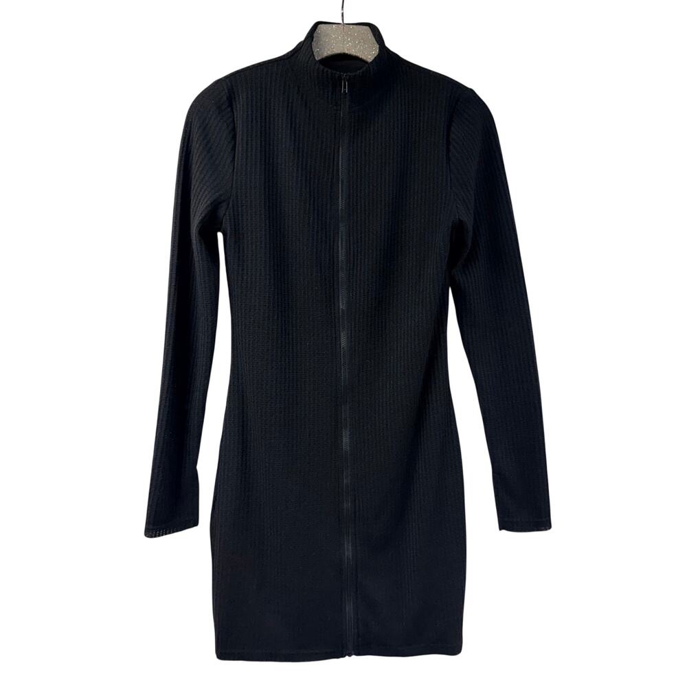 White Fox Mini Dress Full Zip Front Black Textured Long Sleeve